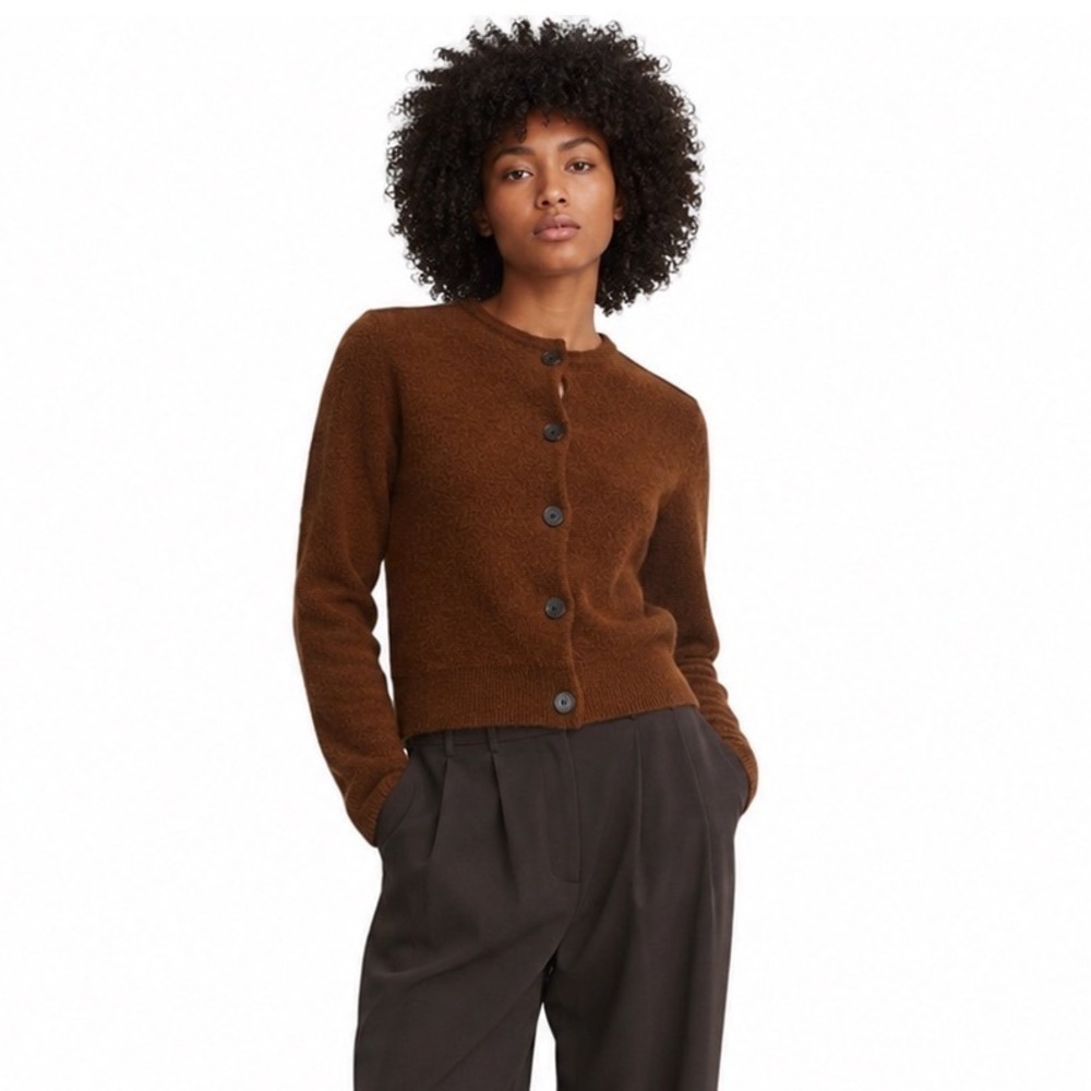 COS Cardigan Sweater 100% Boiled Wool Brown Cropped Minimalist Scandi Womens XS